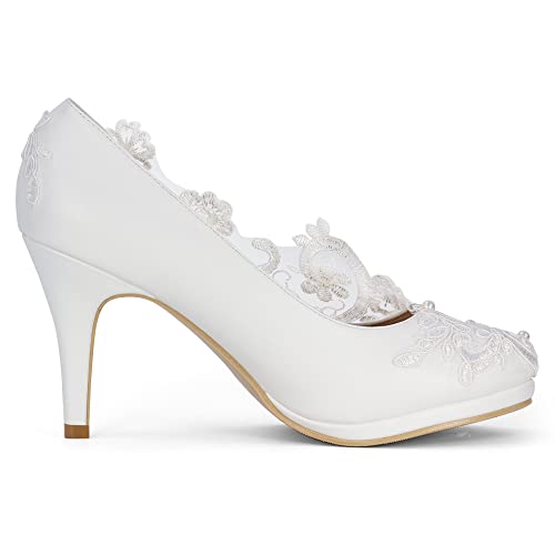 Women’s High Heels for Wedding Clear Lace Pearls Closed Toe Solid Classics Pumps for Bride3