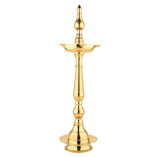 Rolimoli Pure Brass Original Traditional South Fancy Kerela Samay Diya Oil Diwali Puja Lamp, Kuthuvilakku Golden Kuthu Vilakku Ornamental Lamp (Straight Top, 12 Inch, 430 Grams)