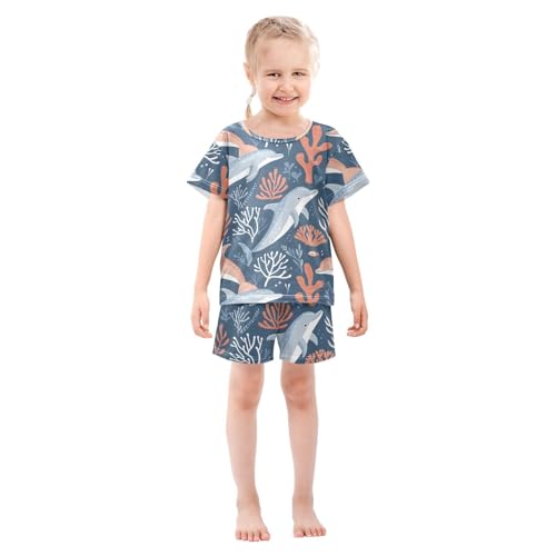 ALAZA Dolphin Coral Reef Blue Pajamas Short Sleeve 2 Piece Sleepwear Top and Bottom Pajama Set Unisex3