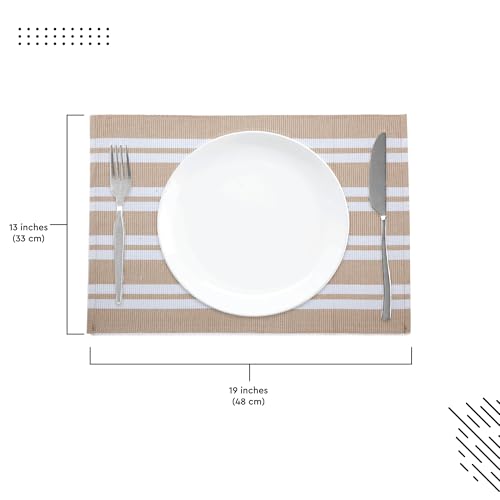Encasa XO Dining Placemat Set of 6 | Solid Franca Beige Stripes Color | Fine Ribbed Cotton Table mat | Size 19x13 in | Machine Washable