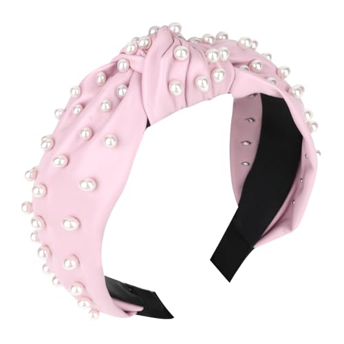YISSION Pearl Embellished Knotted Headband for Women & Girls - Wide Faux Leather Pink Hair Hoop, Fashion Hair Accessory for Daily Wear, Party, Wedding & Holiday