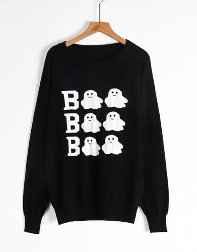 Image of Women's Lightweight Thin Knit Sweater Long Sleeve Crew Neck Ghost Pattern Halloween Pullover (Black 77,Large)