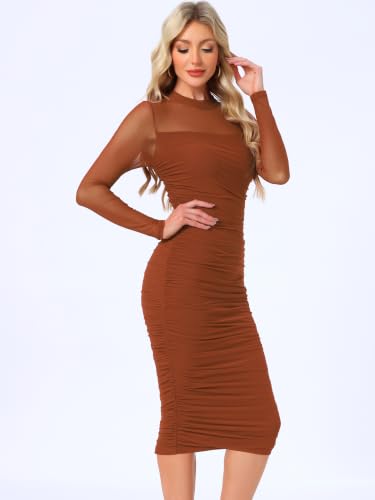 Image of Allegra K Mesh Dress for Women Long Sleeve Mock Neck Ruched Bodycon Dresses | Ruched, Lightweight Stretchy Mesh Sheer, Evening, Cocktail, Party Club