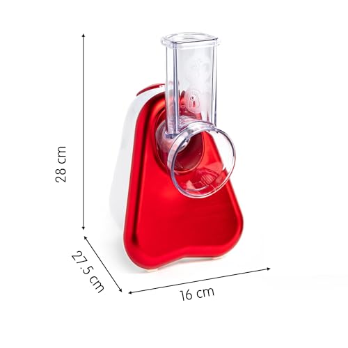 Foto von Moulinex DJ756G Fresh Express Plus, Elektrisches Schnitzelwerk, Gemüseschneider, Gemüsehobel, 5 Einsätze inkl. Reiben, 200W, Metallic-rot / Weiß