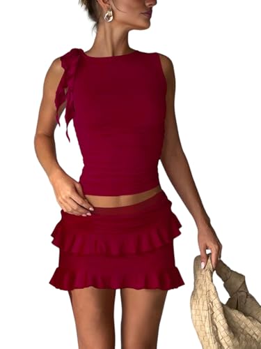 Image of 2 Piece Sets for Women Y2k Going Out Ruffle Trim Ruched Tank Top And High Waist Skirt Set Club Mini Dress
