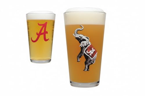 Valiant Gifts University of Alabama 16 oz Pint Glass Drinkware - Unique Mascot Artwork Screened with College Logo on Back - Great Holiday or Graduation Gift Idea for Men and Women