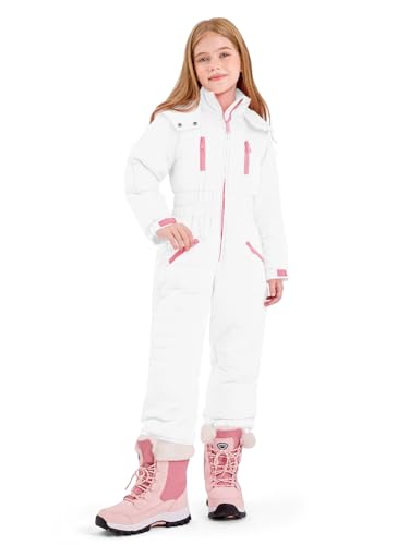 Haloumoning Kids Snow Suit Girls Hooded Waterproof Insulated One Piece Ski Suit 5-14 Years