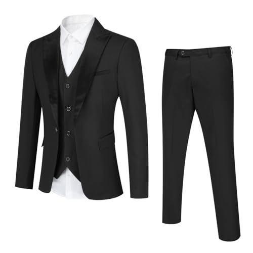 YOUTHUP Anzug Herren Regular Fit 3 Teilig Anzüge Peak Lapel Morden Herrenanzug Business Hochzeit Smoking Sakko Hose Weste, Schwarz, M
