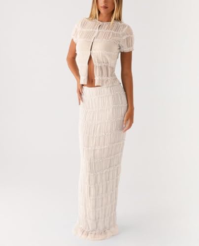 Women Y2k Maxi Skirt Set Lace Mesh Pleated Short Sleeve Button Down Top and Long Skirts Beach 2 Piece Outfit2