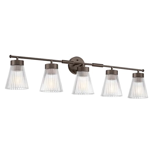 Image of 5-Light Bathroom Vanity Light, HWH Farmhouse Vanity Lights for Bathroom Vanity Lamp Oil Rubbed Bronze, Vanity Sconce with Clear Striped Glass, 5HZG97B-5W ORB