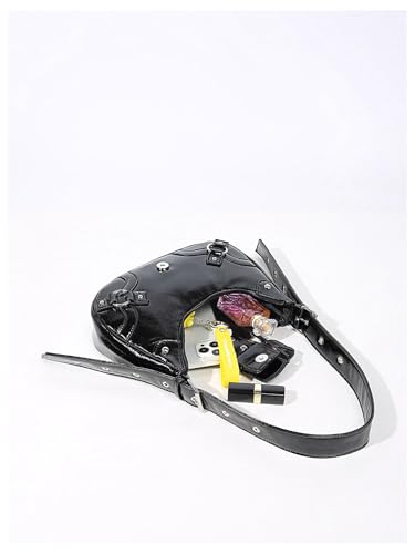 QWINEE Women's Y2k Studded Shoulder Bag Buckle Zipper Handbag PU Leather Underarm Bag Purse Clutch Black One Size3