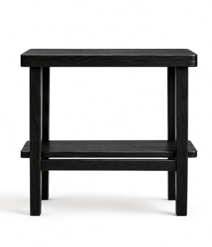 Image of Solid Sheesham Wood Side Table with Storage Shelf, Modern End Table for Living Room & Bedroom, Black Finish