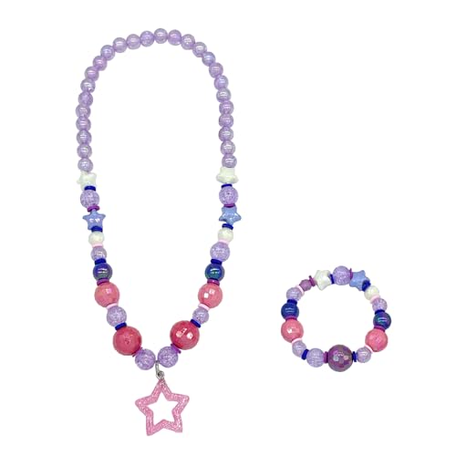 Little Girls Jewelry Sets Kids Jewelry Beaded Necklace Bracelet with Pink Star Pendant Stretchy Chunky Costume Jewelry Gift Party Favors for Girls Toddler