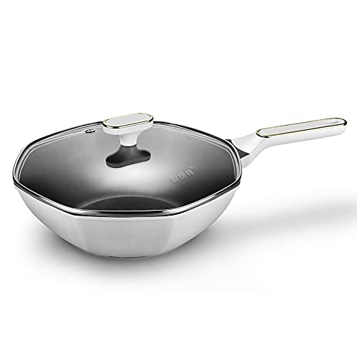 RXDRO SartéN Antiadherente Wok De 32 Cm, SartéN De Aluminio Wok De Cocina Profesional para Cocinas De InduccióN Y Todas Las DemáS Estufas, Fondo Grueso De Tres Capas Cover