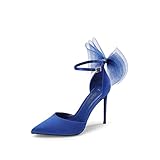 DREAM PAIRS Women's SDPU2322W High Heels Strappy Closed Toe Stiletto Pointed Toe Mesh Bows Ankle Strap D'Orsay Sexy Dress Wedding Party Pumps Shoes, Size 8, Blue
