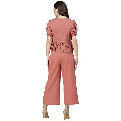 Image of DEEBACO Women's Solid Calf Length Top with Trouser|V-Neck|Short Sleeve|Cord Set for Women Cotton|Jumpsuits Western Dress for Women Stylish|Two Piece Co ord Set|Party Casual Wear(Aqua Blue)