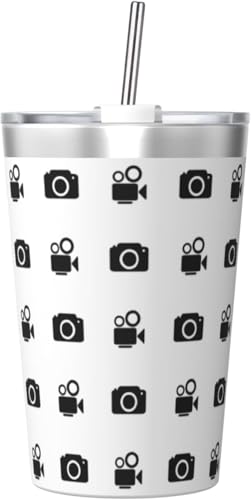 魔法瓶 写真機柄 カメラ柄 タンブラー 350ml ステンレス製 水筒蓋とストロー付き 真空断熱漏れない 持ち運び 直飲み 子供 通勤 通学 かわいい おしゃれ プレゼント