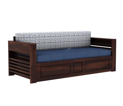 Image of Mamta Furniture Sheesham Wood Foster 3 Seater Sofa Cum Bed for Living Room Three Seater Sofa Bed for Home Sofa Com Bed Sheesham Wood |(Walnut Iris Blue)