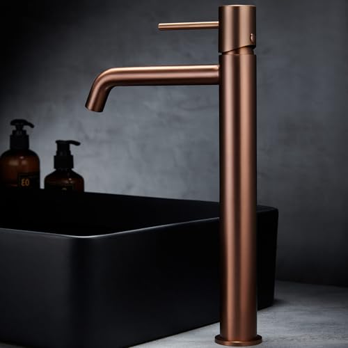 IMEX - Grifo Lavabo Oro Rosa Caño Alto | Grifo Baño Mezclador Agua Fria y Caliente | Grifería Monomando Efeto Cascada con Caño de Latón y Ahorro de Agua | Serie Monza | Color Oro Rosa Cepillado
