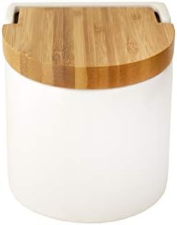 KOOK TIME Salt Pig for Kitchen, Ceramic Salt Cellar with ecofriendly Natural Bamboo Swivel lid, Size 11.7 x 11.5 x 11.3 cm (White)