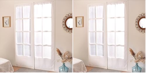 Enjoy Home – Paire de Vitrage Blanc – 70x220cm - Passe Tringle - 100% Polyester Sablé - Collection Sablé (Lot de 2)