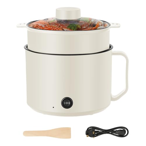 Electric Hot Pot with Steamer and Wooden Shovel, 1.8L Non Stick Ramen Cooker, 2 Gear Rapid Noodles Cooker with Overheat Boil Dry Protection for Pasta Dumpling Soup Steak(Beige White)