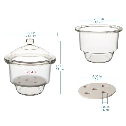 stonylab Glass Desiccator, Lab Desiccator with Knob Cover and Porcelain Plate ID: 180 mm for Laboratory Research