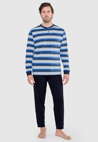El Búho Nocturno Mens Pajama Set Long Sleeve Cotton Knit Premium Striped Pajama Set for Men, 100% Cotton, Blue 5584, XL2