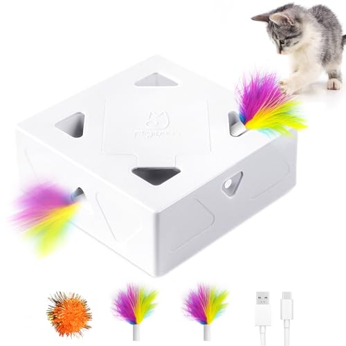 Migipaws cat toys, interactive automatic 7-hole-mouse MigiBox, intelligent feather kitten toy, Cardboard toy for bored cats, Rechargeable, 5ps Accessories