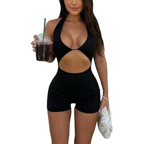 MakeMeChic Women's Halter Bodycon Romper Cover