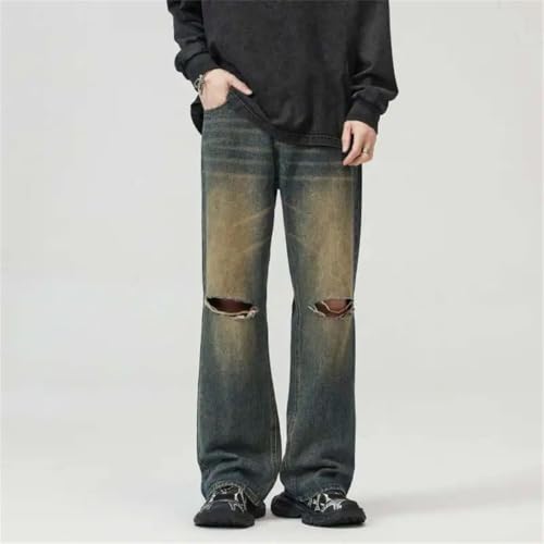 Men's Jean Wear American Knee Hole Solid Color Full Length Loose Straight Leg Denim Pants4