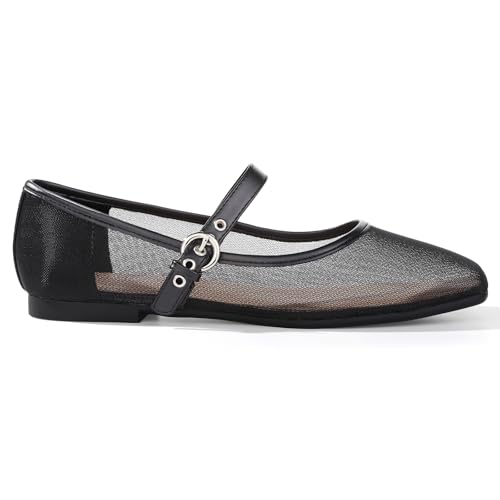 ATHMILE Women's Black Mesh Flats for Women Mary Janes Shoes Women Square Toe Ballet Flats with Adjustable Strap, Slip-On Comfortable Casual Dress Shoes for Office, Date Night and Daily Wear Size 7.5