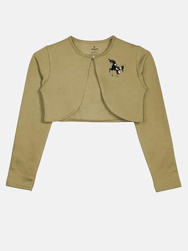 Image of KiddoPanti Girls Fleece Crop Length Shrug | Cotton Poly Fleece Fabric |Sequin Patch on Chest | Front Open Pearl Button Closure | Crop Length, Full Sleeve | Lightweigth & Breathable Girls Shrug