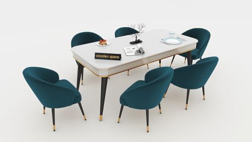 Image of WOODEN SPACE 6-Seater Wooden Dining Table Set | Nano Composite Marble Top | Solid Wood Base | Modern Dining Room Furniture with 6 Chairs (Sea Green)