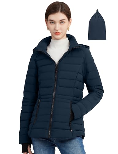 SLOWTOWN Women’s Lightweight Puffer Jacket Packable Hooded Puffer Jacket Winter Puffy Jacket (Navy, Medium)