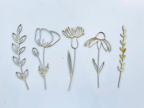 5PCS Wooden Wildflowers Wall Decals,Boho Nursery Wildflower Bedroom Decor,Flower Wall Decal for Kids Nursery Wall Art Bedroom Living Room Decor