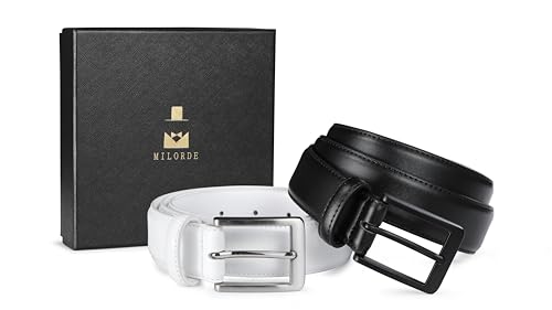 Image of MILORDE Men's Leather Dress Belt 2Pack, Handmade, Genuine Leather, Fashion & Classic Designs for Work Business and Casual