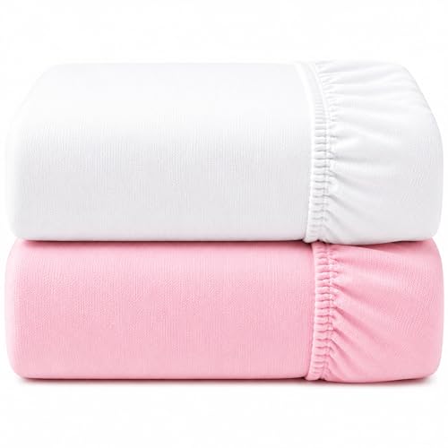 Dudu N Girlie Moses Basket Sheets 74x28cm White & Pink 2 Pack Soft Jersey Cotton Fitted Bedding for Bassinets & Carrycots