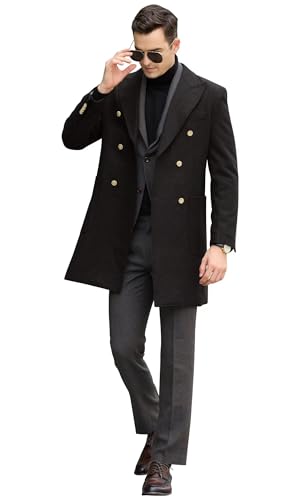 Men Trench Coat Classic Warm Peak Lapel Peacoat Mens Double Breasted Business Long Winter Mens Overcoat with Pockets