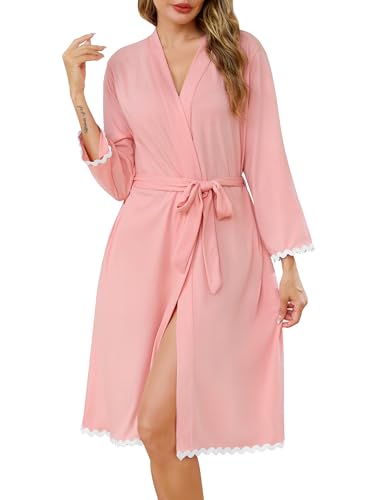 Sopesil Albornoz Ligero Corto Albornoces de Baño con Mangas 3/4 Casual con Bolsillos Suave Cómodo Kimono de Dormir, Rosa nude,XXL