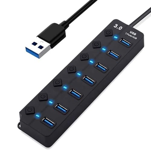 Image of USB Hub 3.0, 7-Port USB Hub Splitter with Individual On /Off Switches and Lights, 1 ft Long Cable Compatible with Laptop, Surface Pro, PS4, PC, Flash Drive, Mobile HDD