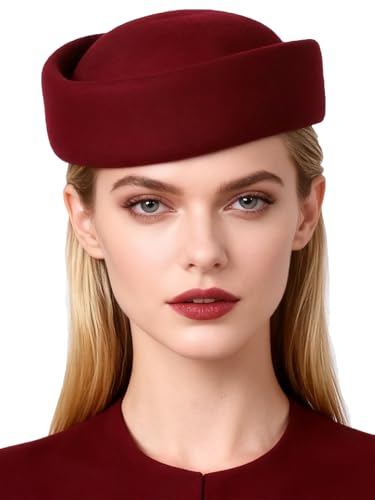 Sombreros pequeños para mujer, elegantes boinas de fieltro, de lana, para boda, novia, iglesia, 2024, Rojo vino, M