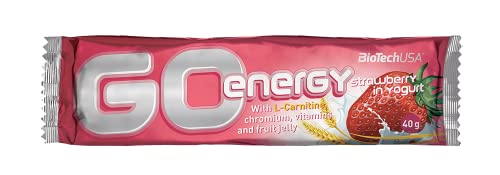 BioTechUSA Go Energy, Barrita de cereal cubierta de yogur, con gel de fresa y frutas verdaderas, 32 * 40 g, Fresa-Yogur