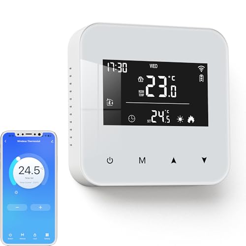 Beok Thermostat WiFi pour chaudières gaz et fioul,Thermostat Mural à 2 Fils,Programmation Quotidienne,Alimentation par Pile ou USB,Compatible avec Tuya Smart APP,Alexa