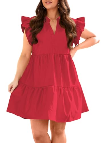 Image of Fisoew Plus Size Dresses for Women Summer Ruffle Short Sleeve V Neck Dress Tiered Swing A Line Babydoll Mini Dress