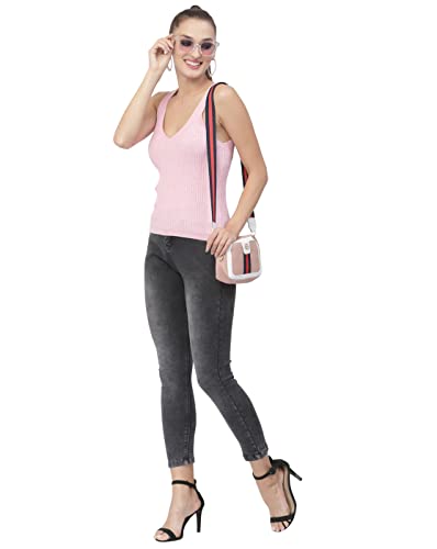 Image of Kalt Women Knitted, Ribbed Cotton Fitted Sleeveless V-Neck Cami Tank Top for Women Stylish