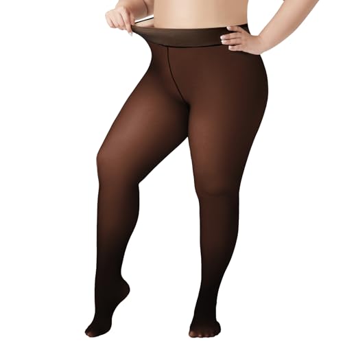 Image of WiliW Plus Size Fleece Lined Tights for Women, Sheer Winter Warm High Waist Thermal Tights Fake Translucent