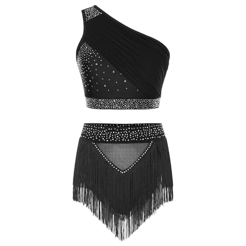 Robe de danse scintillante deux pièces asymétrique et jupe fluide à franges