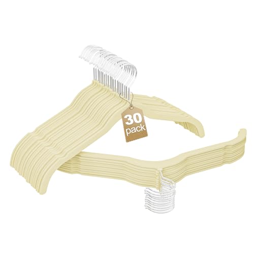 Velvet Shirt Hangers 30 Pack, No Shoulder Bumps for Clothes (Ivory) | Ultra Slim Space Saving Non-Slip Velvet Design, Sturdy & Elegant, Prevent Garment Deformation, Fits Blouses, Tank Tops, Coats