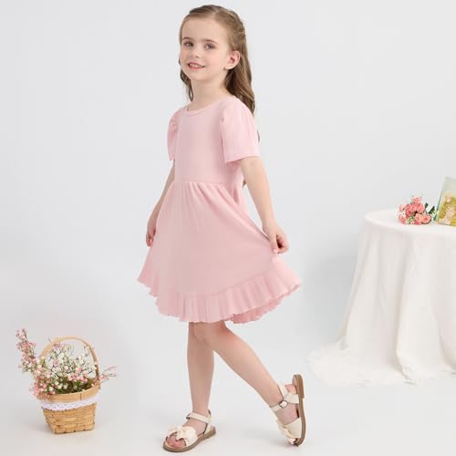 Little Girl Summer Dress Girls Puff Short Sleeve Ruffle Dress Solid Color A-Line Dresses 3-8 Years3